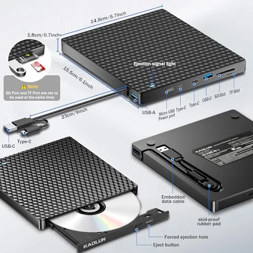 Kadlun ▫️ Leitor externo de CD/DVD, Gravador externo de DVD com USB 3.0 e Type-C, Leitor externo de disquetes com USB, Leitor portátil de CD/DVD +/- RW, Unidades externas de DVD/CD para PC/portátil/Linux/Windows 11/10/8/Mac/computadores de secretária 3