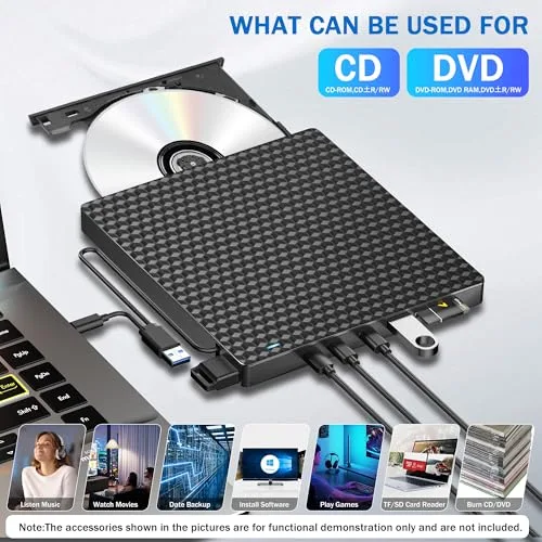 Kadlun ▫️ Leitor externo de CD/DVD, Gravador externo de DVD com USB 3.0 e Type-C, Leitor externo de disquetes com USB, Leitor portátil de CD/DVD +/- RW, Unidades externas de DVD/CD para PC/portátil/Linux/Windows 11/10/8/Mac/computadores de secretária 5