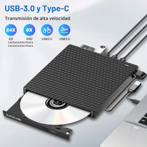 Kadlun ▫️ Leitor externo de CD/DVD, Gravador externo de DVD com USB 3.0 e Type-C, Leitor externo de disquetes com USB, Leitor portátil de CD/DVD +/- RW, Unidades externas de DVD/CD para PC/portátil/Linux/Windows 11/10/8/Mac/computadores de secretária 6