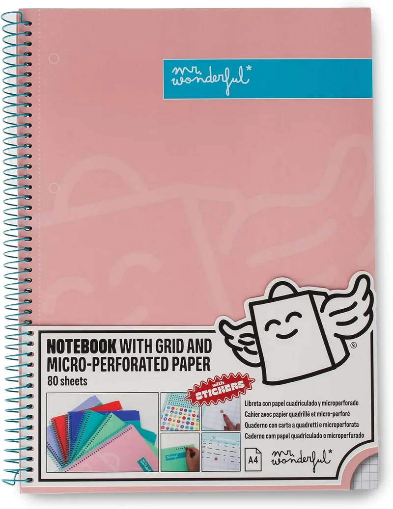 Mr. Wonderful ▫️ Caderno A4 Rosa - Folhas quadriculadas e microperfuradas - 80 páginas - Capa dura - Encadernação em espiral - Inclui autocolantes