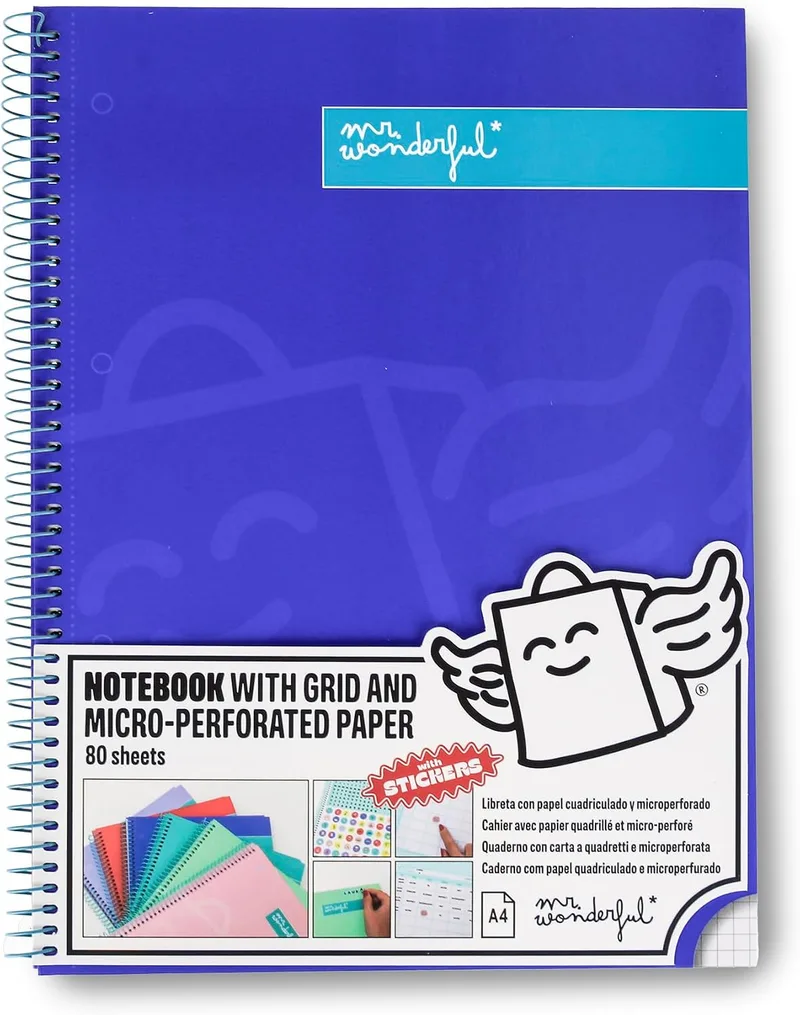 Mr. Wonderful ▫️ Caderno A4 azul - Folhas quadriculadas e microperfuradas - 80 páginas - Capa dura - Encadernação em espiral - Inclui autocolantes