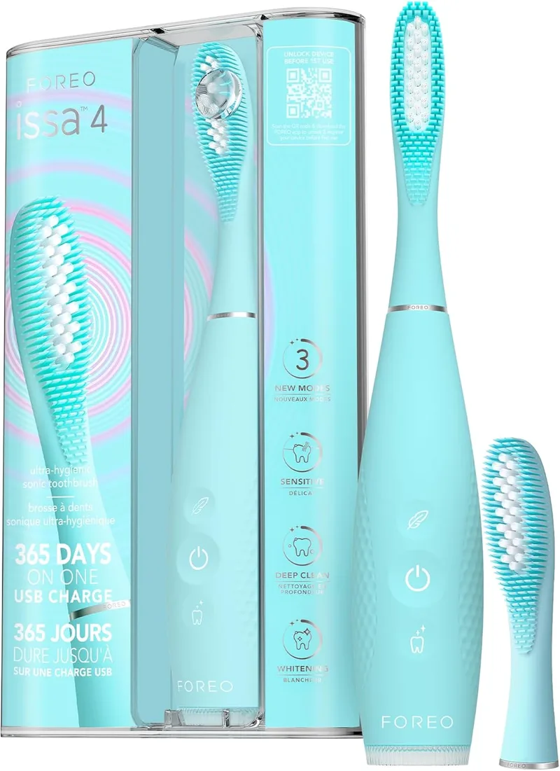 FOREO ▫️ ISSA 4 Escova de dentes eléctrica sónica 4 em 1 recarregável com USB, cabeça de silicone extra macia, branqueamento dos dentes, à prova de água, ideal para viagens, limpeza profunda - Artic Blue