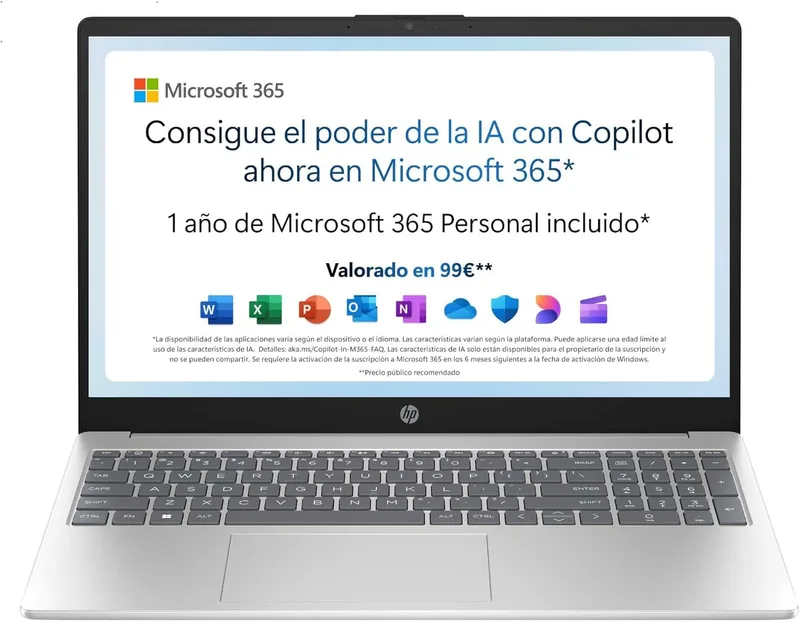 HP ▫️ 15-fd0261ns - Portátil de 15,6" FHD (Intel N100, 4 GB de RAM, 128 GB UFS, Intel UHD, Windows 11) Prateado - Teclado QWERTY espanhol - Inclui Microsoft 365 Personal por 12 meses