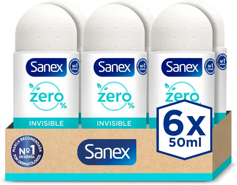 Sanex ▫️ Zero% Invisible, Desodorizante Roll-On, Embalagem de 6 x 50 ml