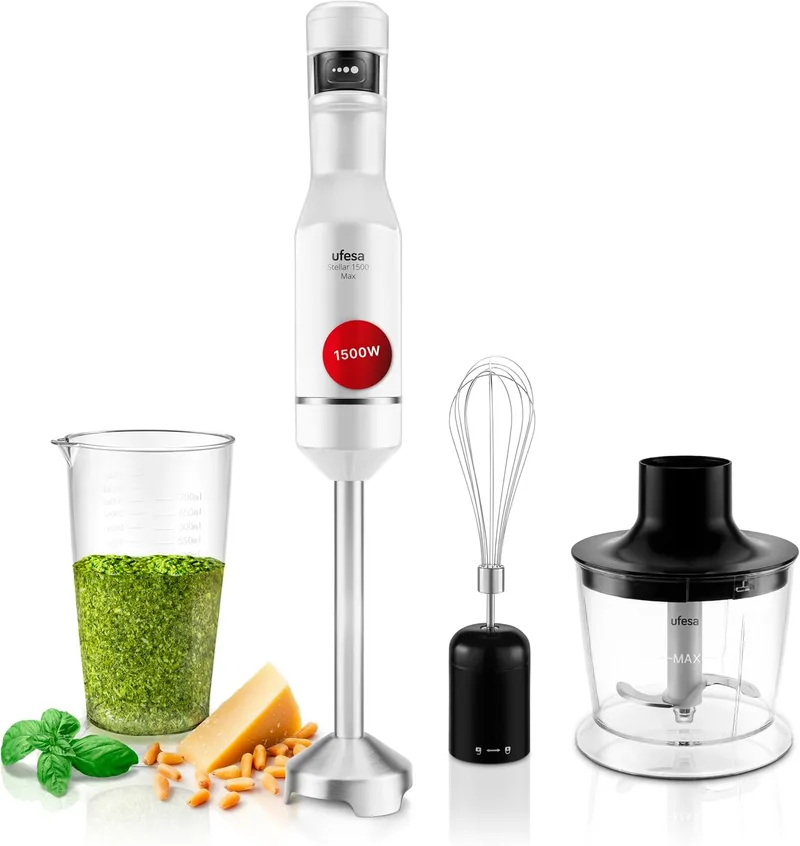 Ufesa ▫️ Batedeira de Mão Stellar Max TouchSpeed 1500 W, Ecrã Digital, Velocidade Variável por Toque, 4 Lâminas de Alta Eficiência, Ergonómica, Antiespratos, Copo Medidor, Emulsionador e Picador