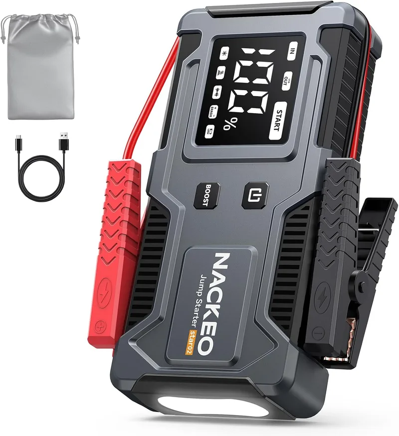 NACKEO ▫️ Arrancador de automóveis de 8000 A, arrancador de baterias de automóveis de 12 V (para motores a gasolina de 9,0 L ou a gasóleo de 7,0 L) Arranque de emergência com cabos integrados, lanterna LED de emergência, autonomia prolongada, carregamento rápido