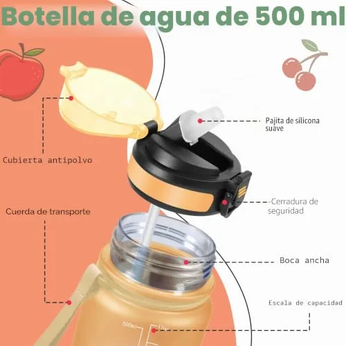 Grsta ▫️ Garrafa de água, 500 ml, garrafa infantil, à prova de fugas, garrafa de água para crianças na escola, com slogan motivador, fácil de limpar, garrafa com palhinha, para a escola, cantina, acampamento, corrida 3