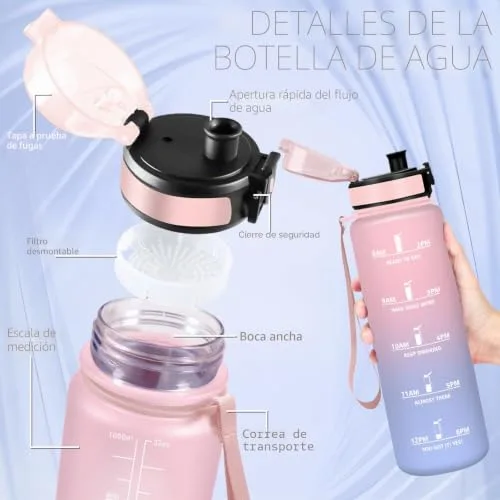 Grsta ▫️ Garrafa de água de 1 l, garrafa desportiva com filtro, à prova de fugas, garrafa reutilizável com marcação de tempo, garrafa infantil para a escola, desporto, campismo, bicicleta, adultos, ginásio 4