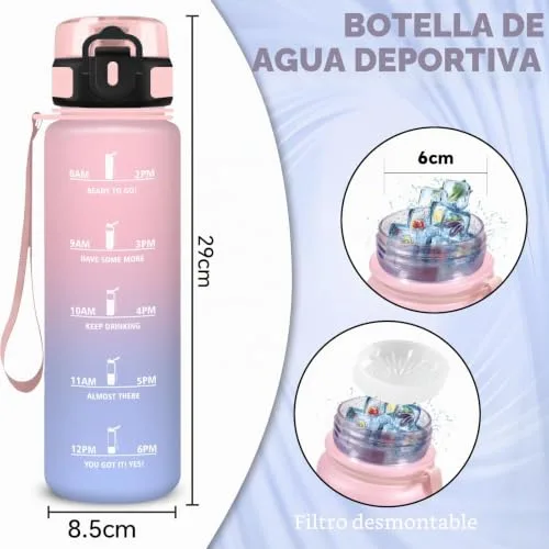 Grsta ▫️ Garrafa de água de 1 l, garrafa desportiva com filtro, à prova de fugas, garrafa reutilizável com marcação de tempo, garrafa infantil para a escola, desporto, campismo, bicicleta, adultos, ginásio 5