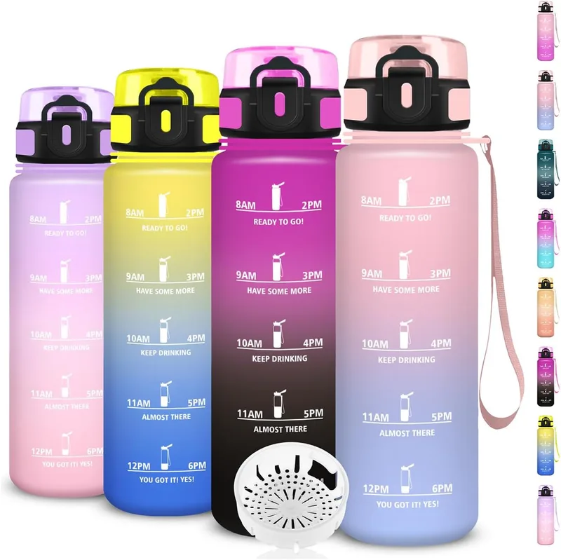 Grsta ▫️ Garrafa de água de 1 l, garrafa desportiva com filtro, à prova de fugas, garrafa reutilizável com marcação de tempo, garrafa infantil para a escola, desporto, campismo, bicicleta, adultos, ginásio