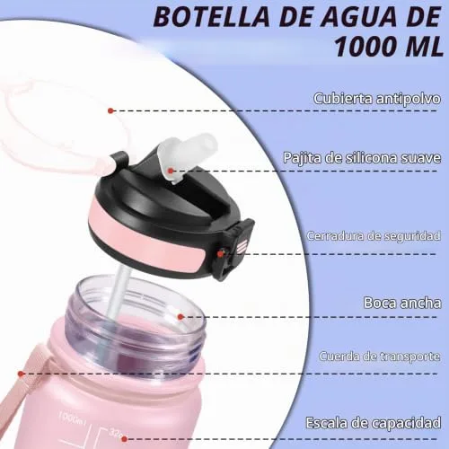 Grsta ▫️ Garrafa de Água para o Ginásio, Garrafa de 1 litro, À prova de fugas, Garrafa com palhinha, Reutilizável, Garrafa de Água com tampa de segurança, Garrafa para fitness, caminhadas, acampamentos, ciclismo e ioga 3