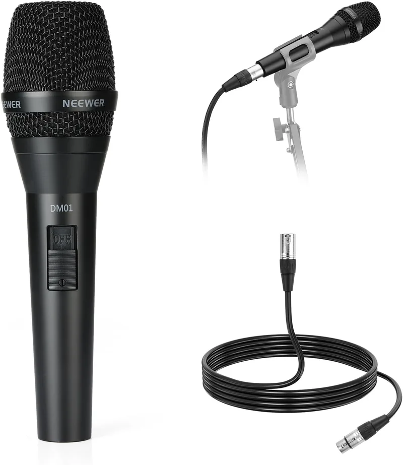 NEEWER ▫️ DM01 Microfone dinâmico cardioide com cabo XLR para canto, podcasts, jogos de PC, jogos, estúdio, voz e atuações ao vivo, impedância de 600 Ω ± 30%, gama de frequências de 100 Hz a 10 kHz