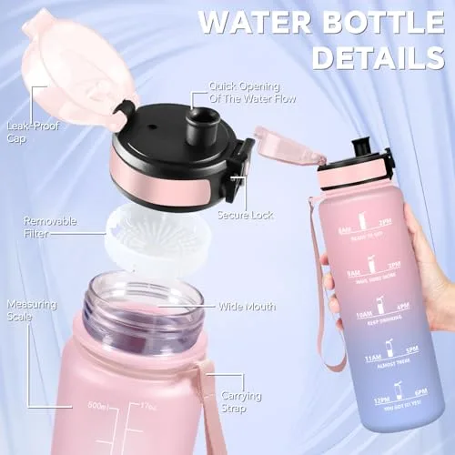 Grsta ▫️ Garrafa de água, 500 ml. Garrafa de água para crianças, garrafa infantil reutilizável com filtro, fácil de limpar, garrafa com marcação de tempo, para adultos, escritório, campismo, desporto, ginásio, corrida 4