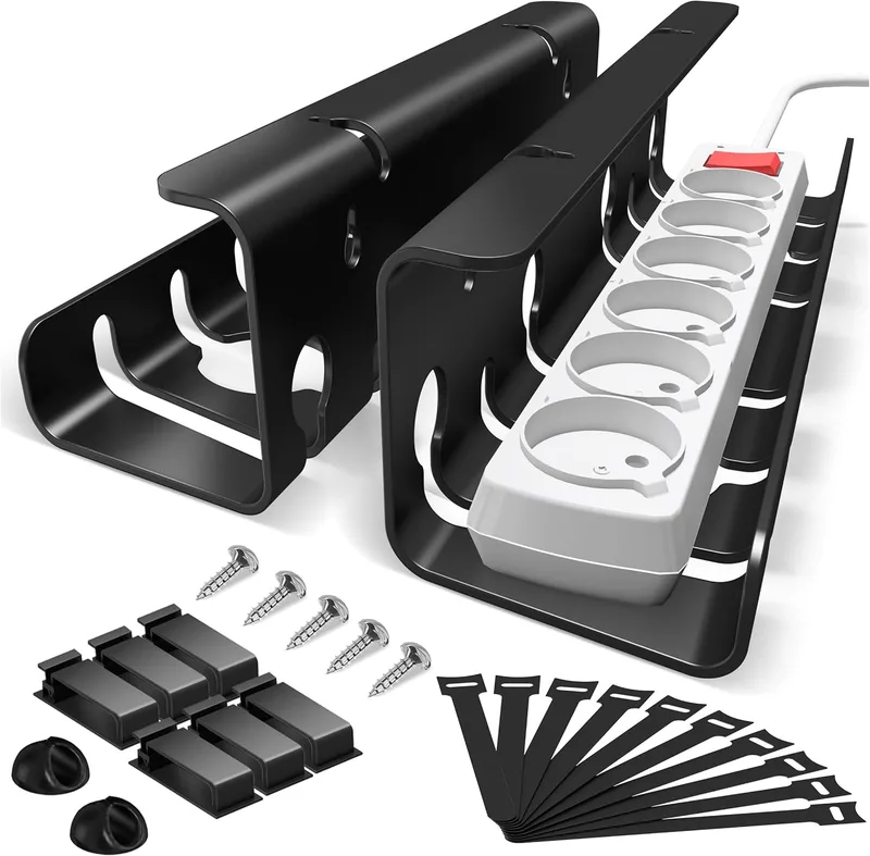 StowBin ▫️ Bandeja para passagem de cabos de secretária, 2 unidades em metal preto, organizador de cabos para debaixo da secretária com parafusos, canaleta para extensão, PC, escritório, jogos e teletrabalho