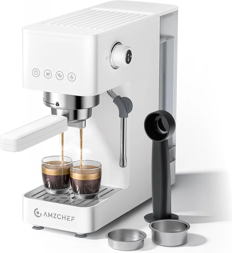 AMZCHEF ▫️ Máquina de café expresso 20 Bar, máquina de café com bocal de leite profissional, máquina de café expresso pequena para cappuccino, latte e macchiato, depósito de água de 1,5 L, 1350 W, cor branca