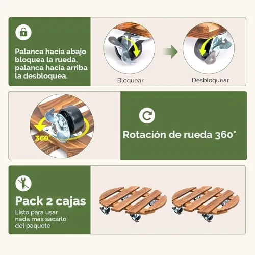 Bamworld ▫️ 2 Suportes para plantas com rodas de 30 cm, suporte móvel para plantas com rodas giratórias e bloqueáveis para uso interior e exterior, plataforma resistente para plantas 3
