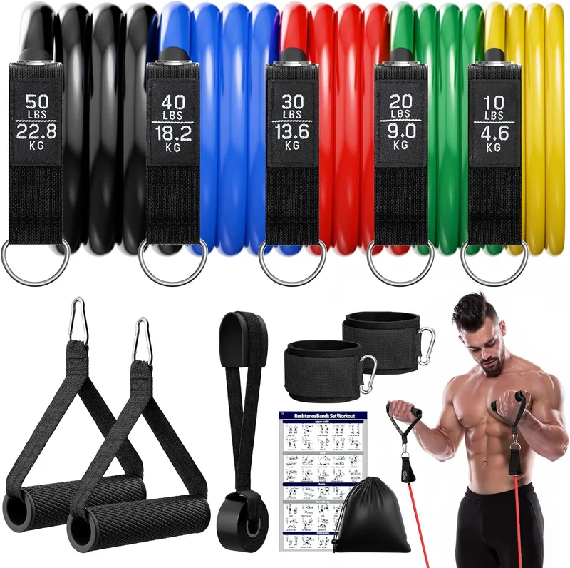 Fokky ▫️ Elásticos de Musculação, 5 Níveis Diferentes de Elásticos de Musculação com Fixação para Porta, Pegas, Cinta para o Tornozelo, Ideal para Pilates, Ioga e Desenvolvimento Muscular