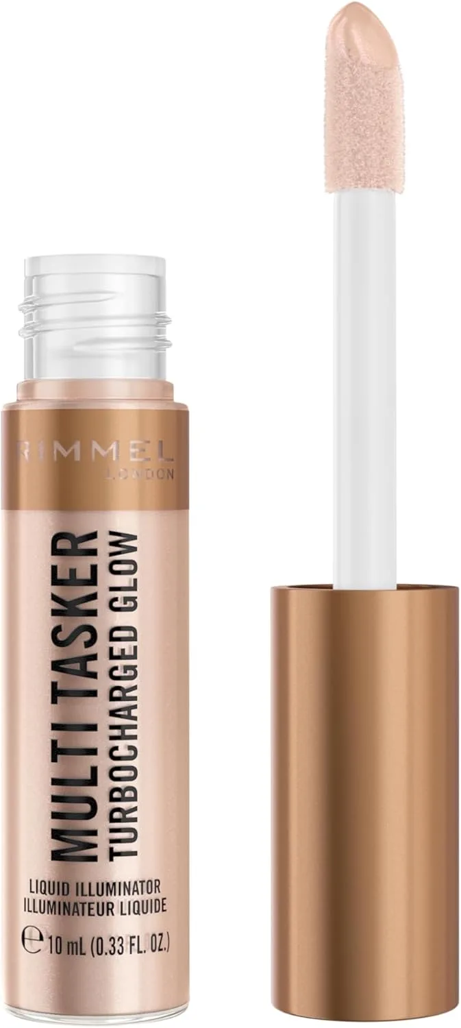 Rimmel London ▫️ Multi Tasker Turbocharged Glow | Iluminador facial líquido | Tom 004 Chelsea Glow | Pérolas refletoras de luz | Fórmula vegana | 10 ml