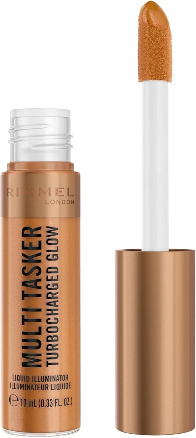 Rimmel London ▫️ Multi Tasker Turbocharged Glow| Liquid Face Illuminator| Sombra 008 It's Giving Bronze | Pérolas Reflectoras de Luz | Fórmula Vegan| 10 ml