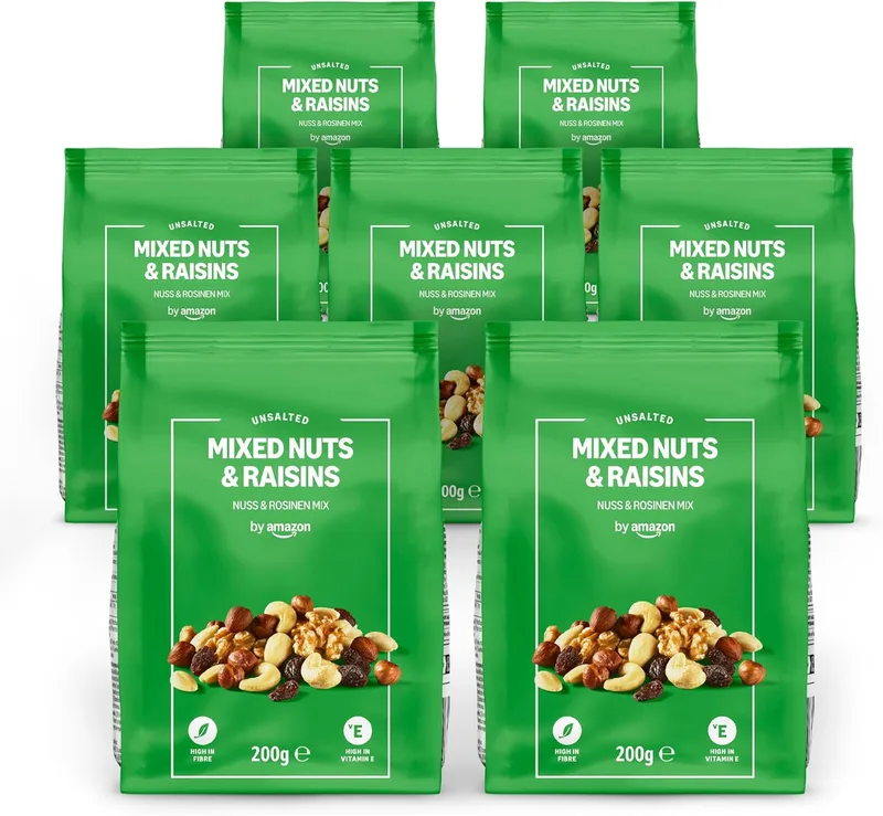 by Amazon ▫️ da Amazon: Mistura de frutos secos e passas - 200 g, embalagem de 7