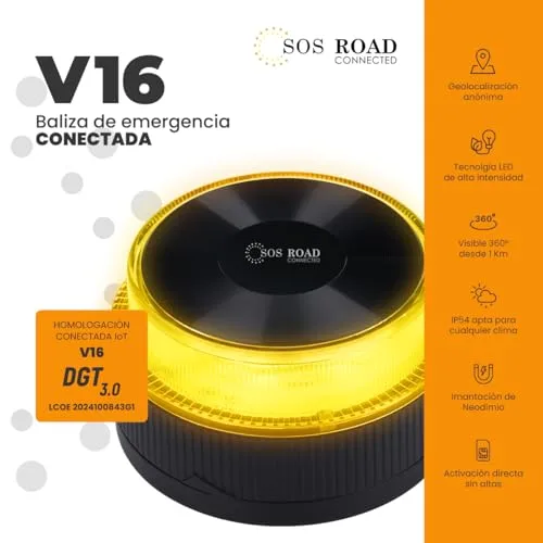 SOS ROAD ▫️ Baliza de Emergência V16 com Geolocalização e Ligação DGT 3.0 – Utilização obrigatória a partir de janeiro de 2026, sinal LED homologado para automóveis, alcance de 1 km, resistente à água, dados incluídos até 2038 2
