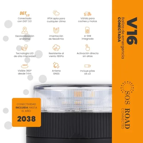SOS ROAD ▫️ Baliza de Emergência V16 com Geolocalização e Ligação DGT 3.0 – Utilização obrigatória a partir de janeiro de 2026, sinal LED homologado para automóveis, alcance de 1 km, resistente à água, dados incluídos até 2038 3