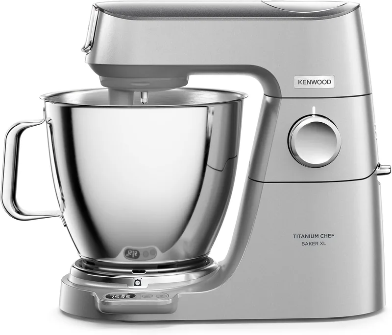 kenwood ▫️ Titanium Chef Baker XL KVL85.224SI, Robô de Cozinha, Balança Integrada, Taças de Aço Inoxidável de 5 L e 7 L, Pá K, Gancho para Amassar, Varas, Copo de Vidro, Picador de Carne, 1200 W, Prateado