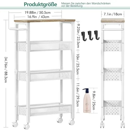 OrderlyGo ▫️ Carrinho de cozinha estreito de 4 níveis, com rodas e tampo de madeira, carrinho de metal com pega para espaços pequenos, cozinha, casa de banho, sala de estar, cor branca 2
