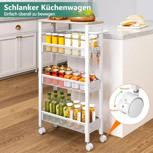 OrderlyGo ▫️ Carrinho de cozinha estreito de 4 níveis, com rodas e tampo de madeira, carrinho de metal com pega para espaços pequenos, cozinha, casa de banho, sala de estar, cor branca 3