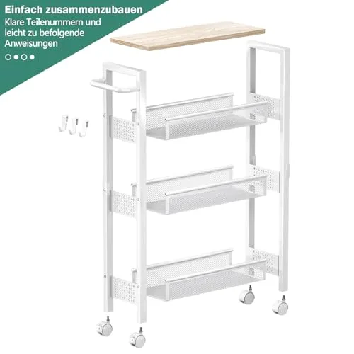 OrderlyGo ▫️ Carrinho de cozinha estreito de 4 níveis, com rodas e tampo de madeira, carrinho de metal com pega para espaços pequenos, cozinha, casa de banho, sala de estar, cor branca 4