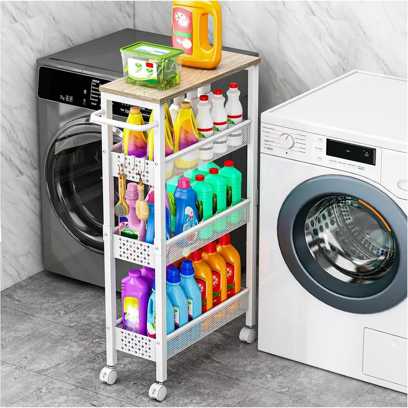 OrderlyGo ▫️ Carrinho de cozinha estreito de 4 níveis, com rodas e tampo de madeira, carrinho de metal com pega para espaços pequenos, cozinha, casa de banho, sala de estar, cor branca