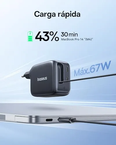 Baseus ▫️ Carregador USB-C Enercore de 67 W com cabo retrátil, Charger GAN com 2 portas USB-C, Carregador rápido compacto compatível com MacBook Pro, DELL, HP, iPad, iPhone 16/15/14/13/12 Pro, Galaxy S25 2