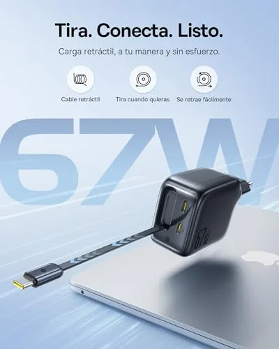 Baseus ▫️ Carregador USB-C Enercore de 67 W com cabo retrátil, Charger GAN com 2 portas USB-C, Carregador rápido compacto compatível com MacBook Pro, DELL, HP, iPad, iPhone 16/15/14/13/12 Pro, Galaxy S25 3