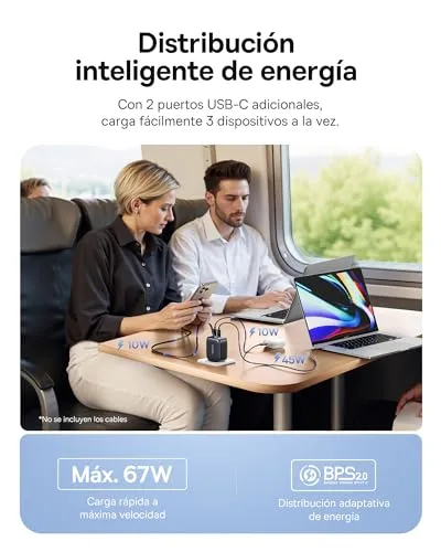 Baseus ▫️ Carregador USB-C Enercore de 67 W com cabo retrátil, Charger GAN com 2 portas USB-C, Carregador rápido compacto compatível com MacBook Pro, DELL, HP, iPad, iPhone 16/15/14/13/12 Pro, Galaxy S25 4