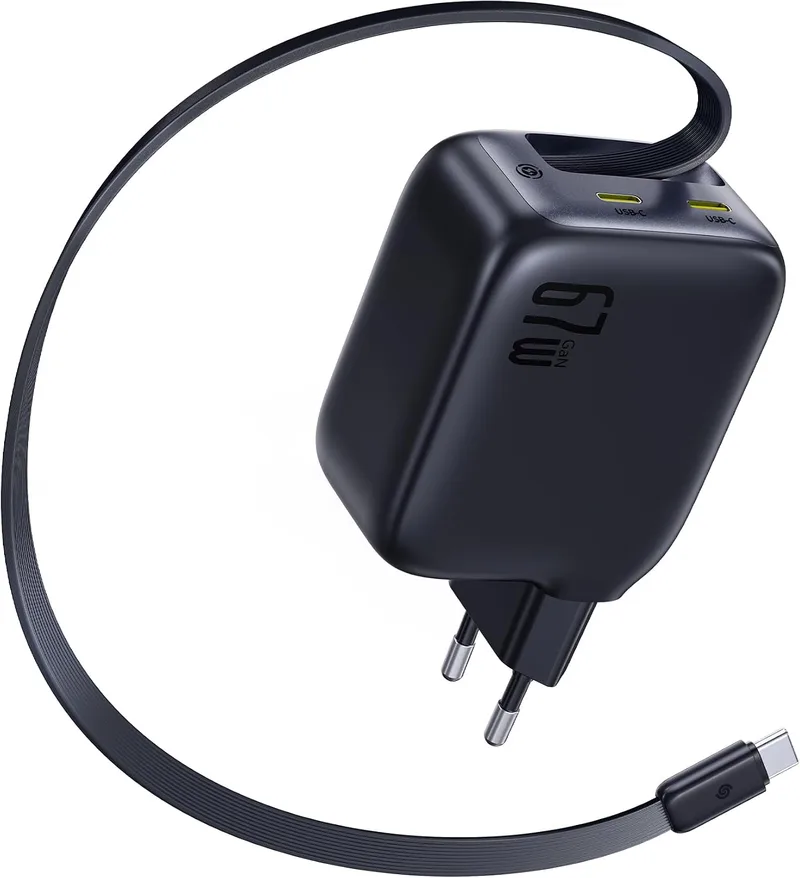 Baseus ▫️ Carregador USB-C Enercore de 67 W com cabo retrátil, Charger GAN com 2 portas USB-C, Carregador rápido compacto compatível com MacBook Pro, DELL, HP, iPad, iPhone 16/15/14/13/12 Pro, Galaxy S25