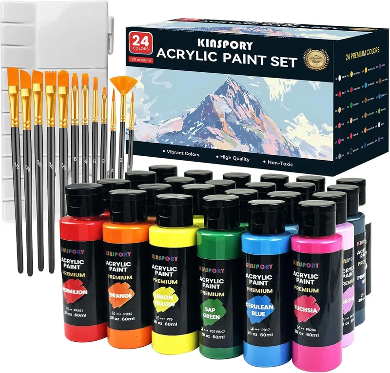 KINSPORY ▫️ Tintas acrílicas 24 x 60 ml com 12 pincéis e paleta, Tinta acrílica - À prova de água, não tóxica - para tela, madeira, vidro, pedra - Ideal para artistas, principiantes e crianças