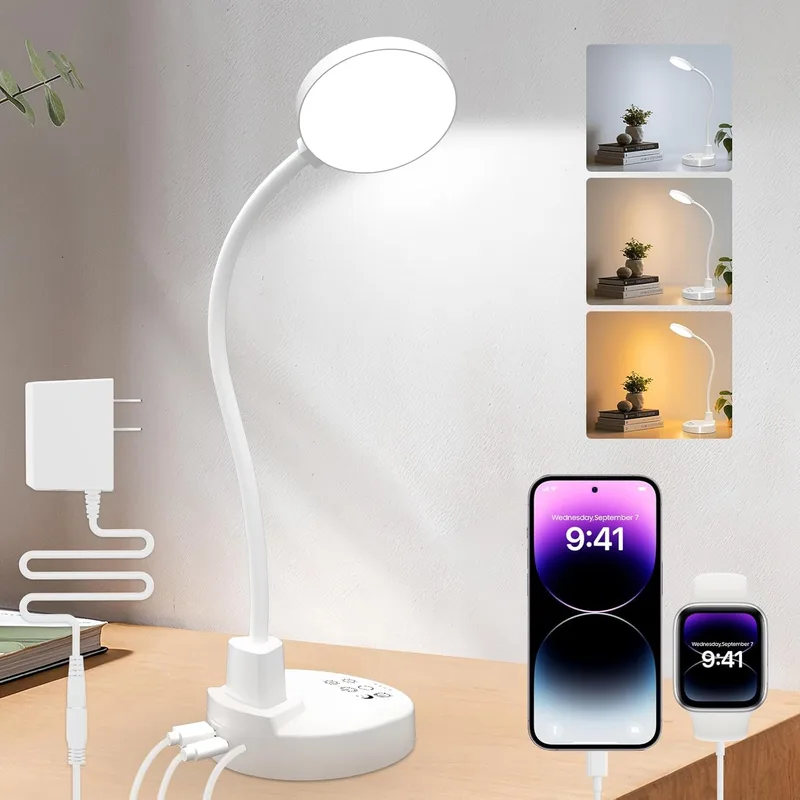 ZAPLIT ▫️ Candeeiro de secretária LED de 15 W com USB-A e USB-C – Intensidade regulável, 3 temperaturas de cor, 5 níveis de brilho, 4 temporizadores, pescoço flexível de 360°, proteção ocular