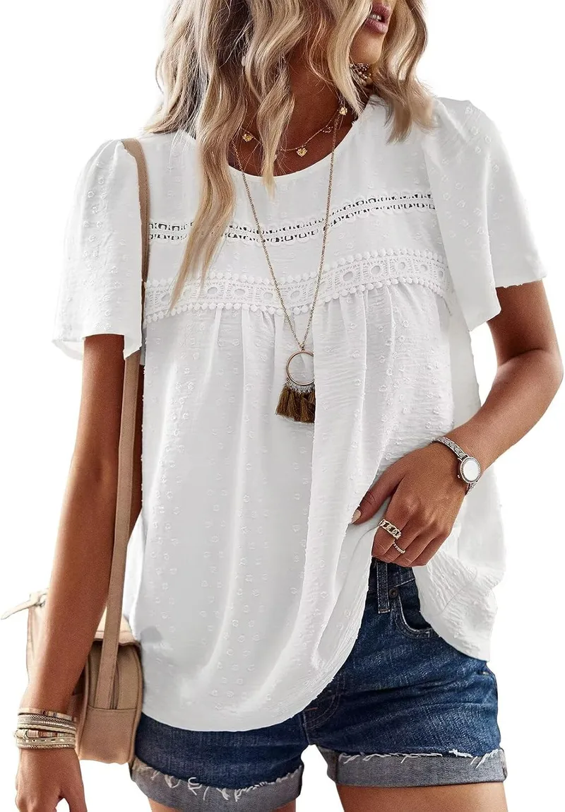 TUUHAW ▫️ Camiseta de mulher com gola redonda, estilo boho, manga curta, de verão, tops