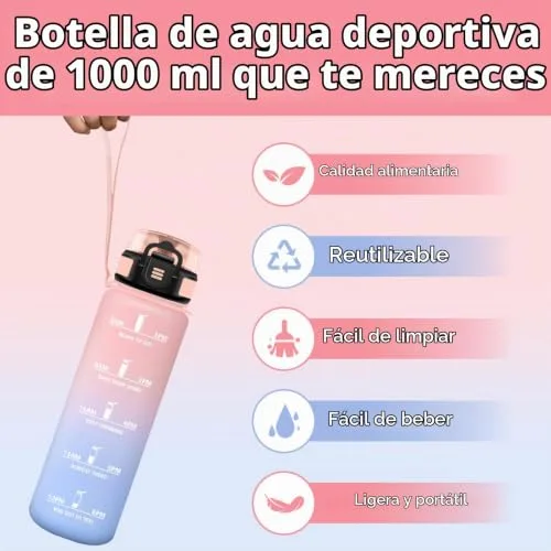 HoneyHolly ▫️ Garrafa de água 1 L, com marcador de tempo, portátil, cantil, sem BPA, garrafa de água para o ginásio, à prova de fugas, garrafa de água para o ginásio, ciclismo, escritório e atividades ao ar livre 6