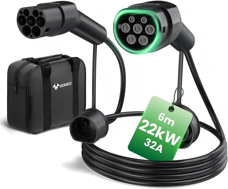 GONEO ▫️ Cabo de carregamento tipo 2 22kW 32A 6M, 3 fases IP54 TPU impermeável, compatível com Renault ZOE/Tesla/VW, cabo EV com bolsa de arrumação