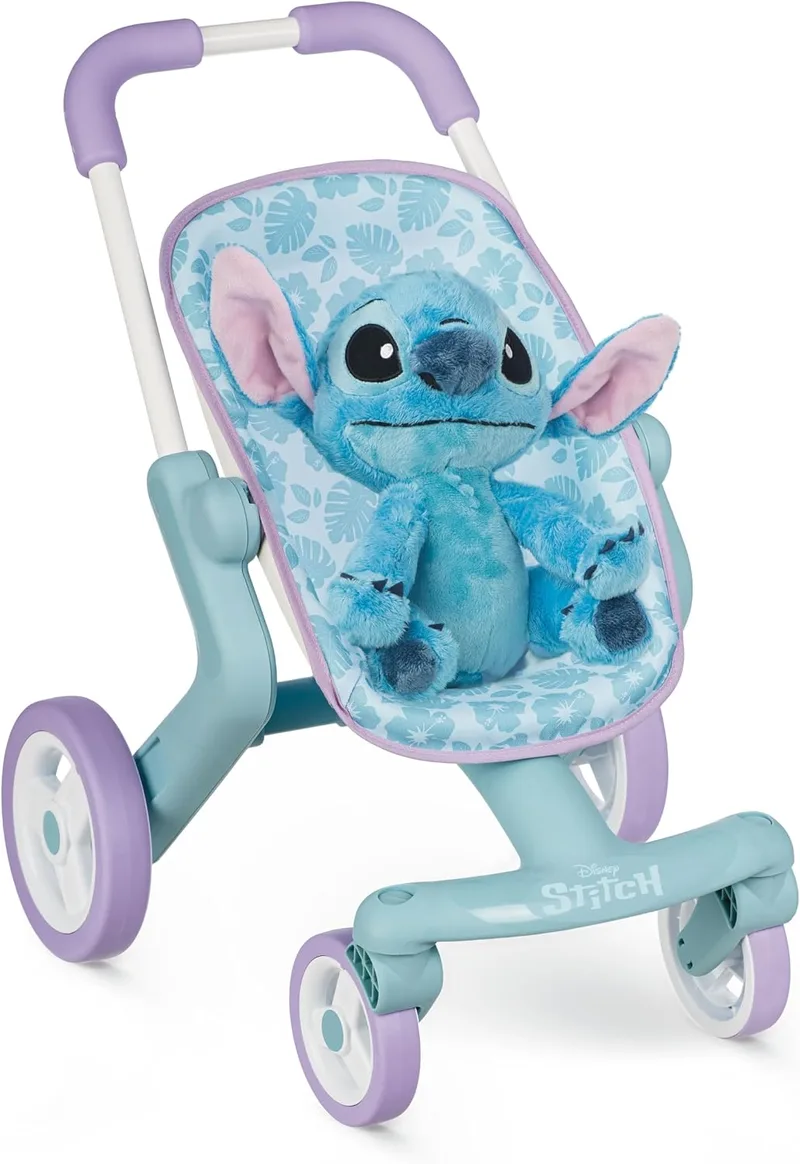 Smoby ▫️ Carrinho de Bebé Stitch com Peluche de 25 cm, Assento em Tecido, Estrutura Metálica, Guiador Ergonómico, Rodas Dianteiras Multidirecionais, A partir dos 18 meses, Fabricado em Espanha (7600251225)