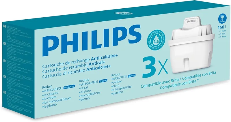 Philips ▫️ Cartuchos de substituição do filtro de água Water Anti-Limescale+, embalagem de 3 filtros, REDUÇÃO DO CALCÁRIO ATÉ 50% MAIOR, , Compatível com brita*.