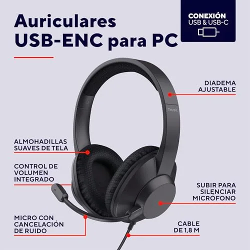 Trust ▫️ Ayda MAX Auscultadores com cabo USB, tipo over-ear, microfone ENC, pretos 2