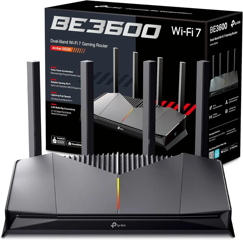 TP-Link ▫️ Archer GE230 Wi-Fi 7 Gaming Router, WiFi BE3600 de banda dupla, 2 portas × 2,5 Gbps + 3 portas × Gigabit, MLO, HomeShield, USB 3.0, EasyMesh, rede privada para jogadores, iluminação RGB sem