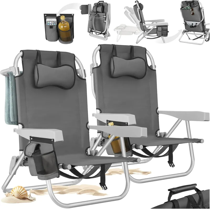tectake ▫️ ® Cadeira de praia dobrável com encosto ajustável, função de mochila, cadeira de campismo leve, ideal como cadeira de praia ou cadeira de campismo dobrável para relaxar - 2 unidades Cinzento