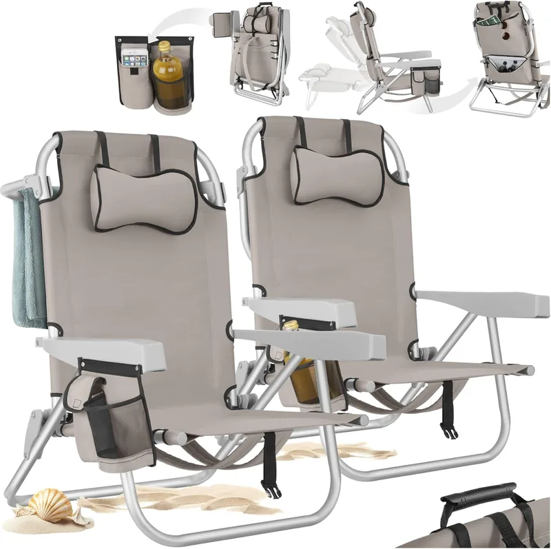 tectake ▫️ ® Cadeira de praia dobrável com encosto ajustável, função de mochila, cadeira de campismo leve, ideal como cadeira de praia ou cadeira de campismo dobrável para relaxar - 2 unidades Bege