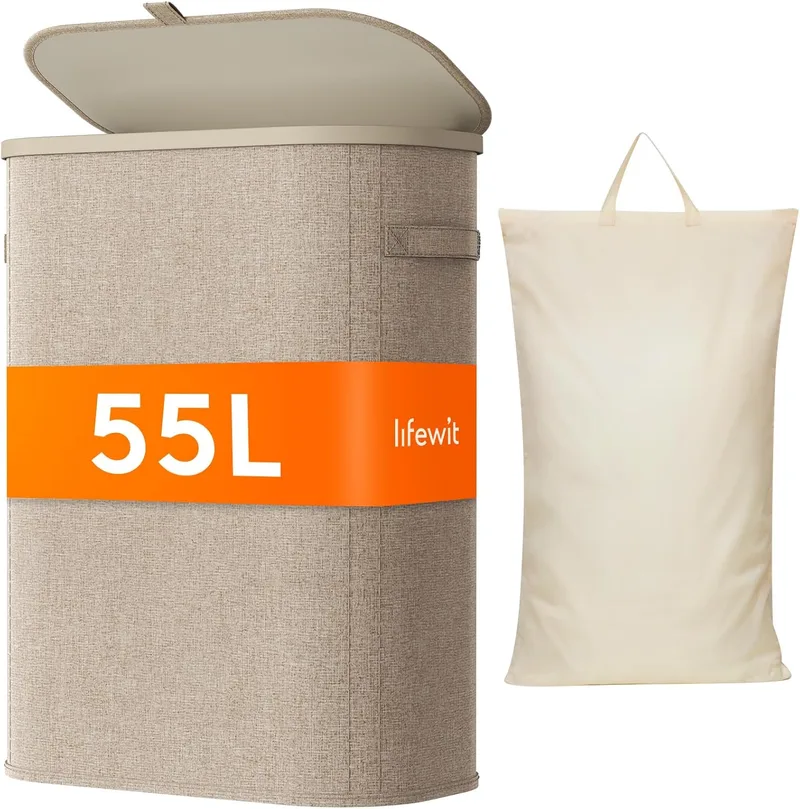 Lifewit ▫️ Cesto para Roupa Suja, Cesto Dobrável com Saco Removível e Pega, Cesto para Roupa Suja com Tampa, Cesto para Roupa Suja para Quarto, Casa de Banho, Lavandaria, Quarto, 55 L, Bege