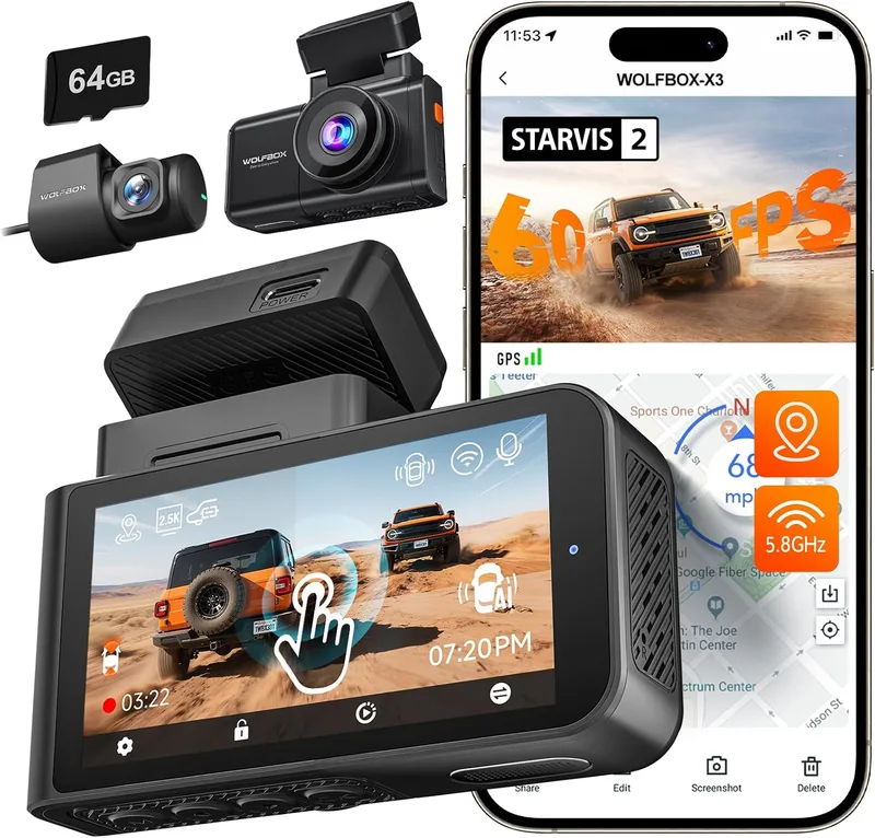 WOLFBOX ▫️ Câmara de bordo para automóvel, Starvis 2, Wi-Fi 5,8 GHz, cartão de 64 GB, GPS