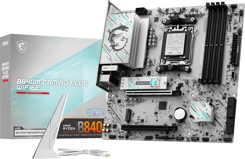 MSI ▫️ B840M Gaming Plus WIFI6E - Placa-mãe AM5 mATX para AMD Ryzen 9000/8000/7000, DDR5 8000+ MT/s (OC), PCIe 4.0 x16, M.2 Gen4, Wi-Fi 6E e LAN 2,5G