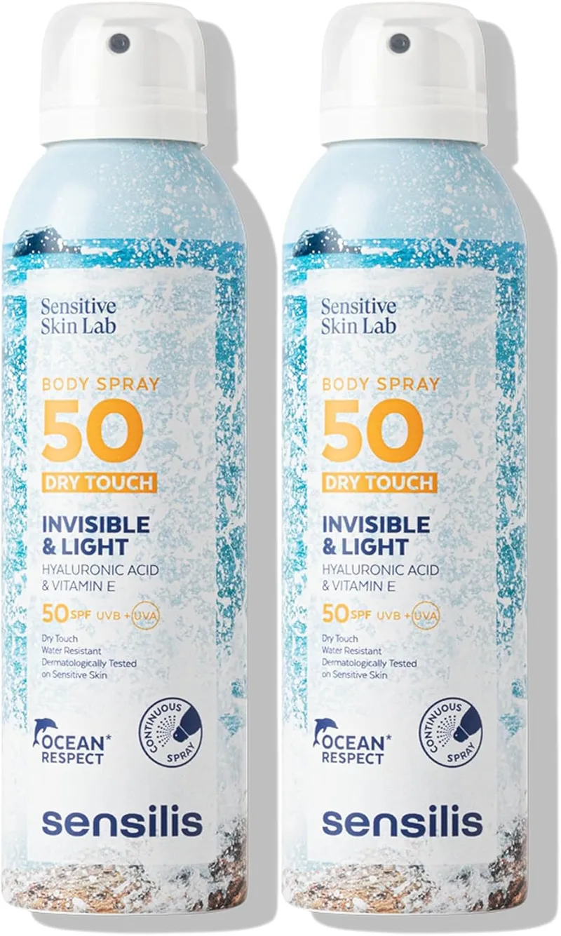 Sensilis ▫️ Duplo Spray Corporal Toque Seco SPF50, Protetor Solar, com Ácido Hialurónico, Vitamina E e Aloé Vera, Suaviza, Hidrata, com Efeito Antioxidante, Indicado para Fototipos de Pele II e III - 2 x 200 ml